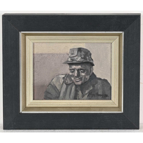 319 - Roger Hanier Hampson (British, 1925-1996), Miner, signed l.r., titled verso, oil on board, 10.5 by 1... 