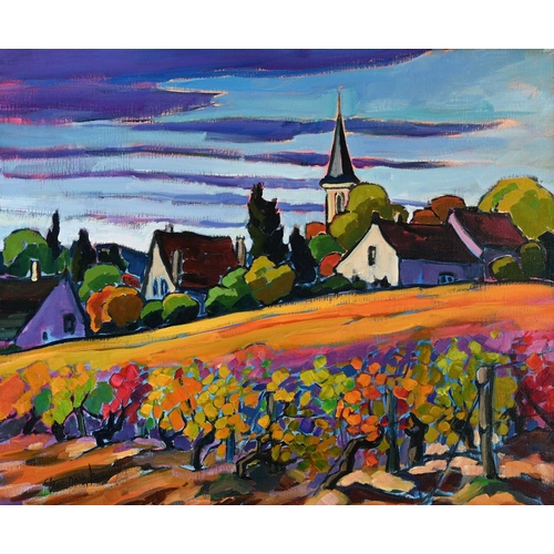 321 - Rose-Marie Bourrely (French, 20th Century), a rural French landscape with cottages and a church, sig... 