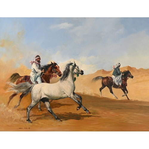 326 - Harold Wood (British, 1918-2014), Desert Horsemen, signed and dated 1998 l.l., titled verso, oil on ... 