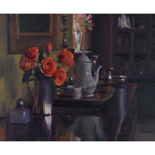 333 - Edward Noott (British, 1963), still life with a coffee pot and vase of roses on a sideboard, signed ... 