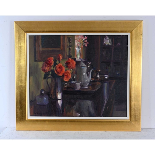 333 - Edward Noott (British, 1963), still life with a coffee pot and vase of roses on a sideboard, signed ... 