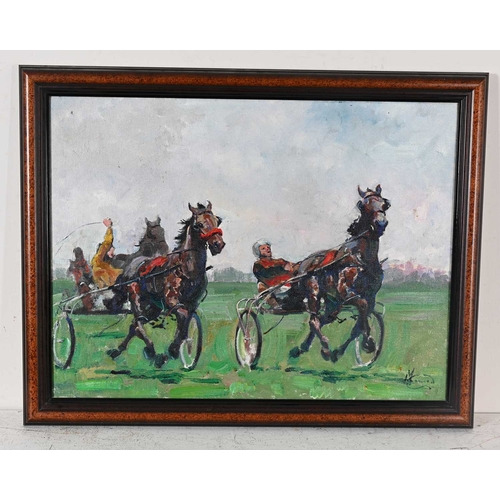 335 - Malcolm Coward (British, 1948), two chariots in a race, signed l.r., oil on canvas, 45 by 60cm, fram... 