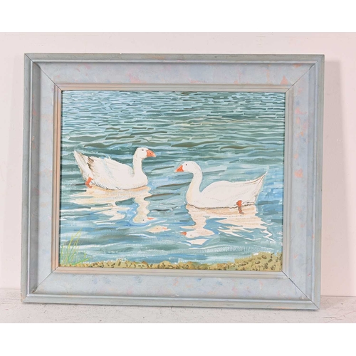 336 - Alex Williams (British, 1942), Geese of Water, titled verso, oil on canvas, 40 by 50cm, framed