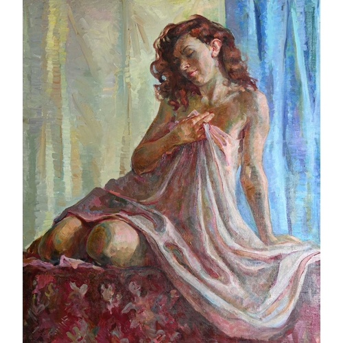 340A - Alexandra Troshinskaya (Russian, 20th Century), reclining and draped female nude, signed and dated 1... 