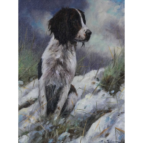 343 - John Trickett (British, 1952), a Springer Spaniel in a winter landscape, signed l.r., oil on board, ... 