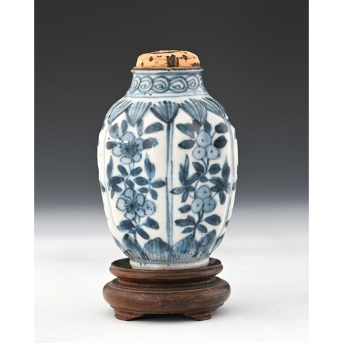 370 - A Chinese blue and white tea caddy or canister, Ming, probably Wanli, relief moulded fluted and lobe... 