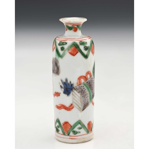 373 - A Chinese famille verte snuff bottle, cylindrical shouldered form, painted with auspicious symbols, ... 