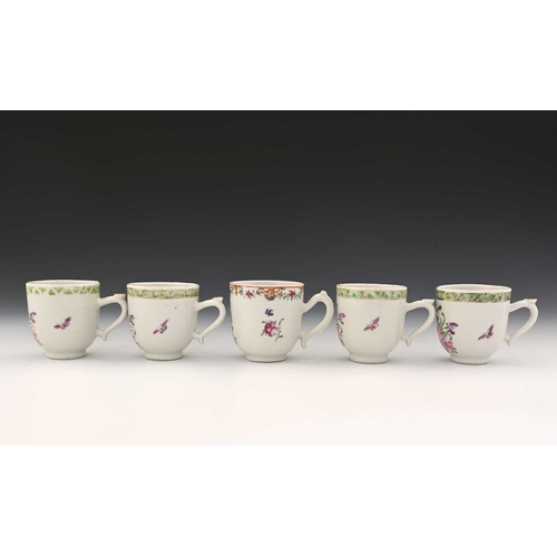 374 - Five Chinese famille rose coffee cups, Qianlong, including a set of four peony painted examples with... 