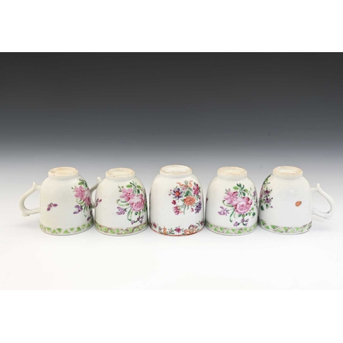 374 - Five Chinese famille rose coffee cups, Qianlong, including a set of four peony painted examples with... 