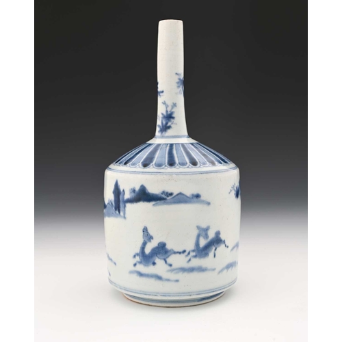 375 - An Oriental blue and white bottle vase, cylindrical shouldered form, painted with rabbits and deer i... 