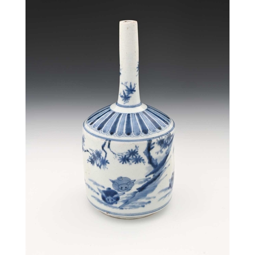 375 - An Oriental blue and white bottle vase, cylindrical shouldered form, painted with rabbits and deer i... 