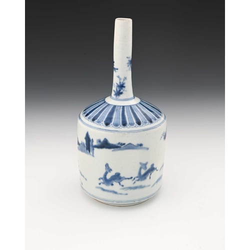 375 - An Oriental blue and white bottle vase, cylindrical shouldered form, painted with rabbits and deer i... 