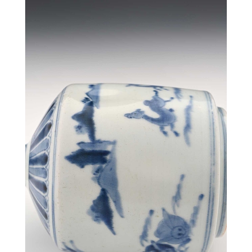 375 - An Oriental blue and white bottle vase, cylindrical shouldered form, painted with rabbits and deer i... 