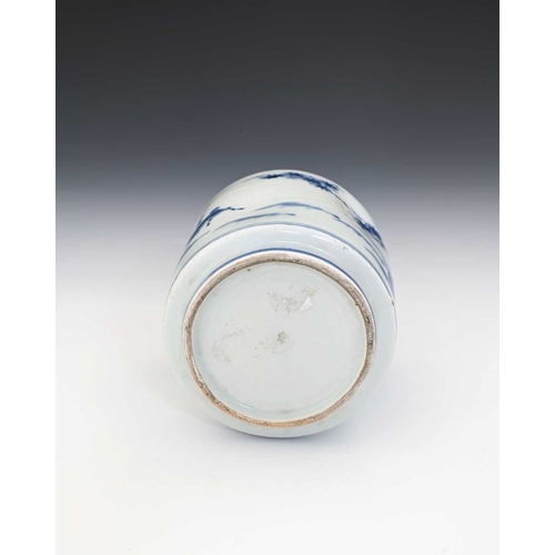 375 - An Oriental blue and white bottle vase, cylindrical shouldered form, painted with rabbits and deer i... 