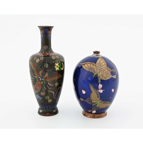 376 - Two Oriental cloisonne enamelled vases, including shouldered and lobed example decorated with Chines... 