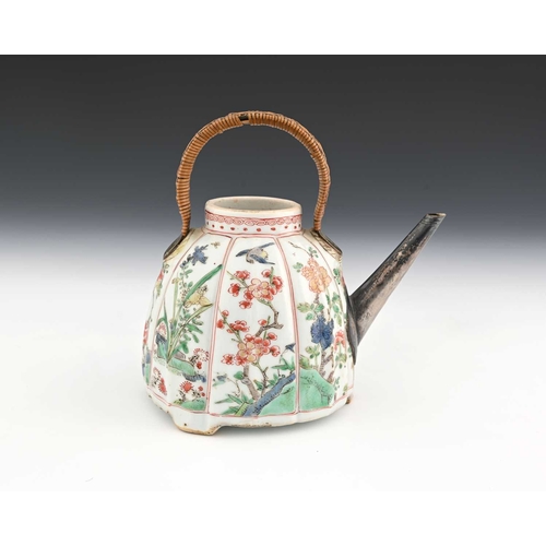 389 - A Chinese famille verte teapot, Kangxi, ogee fluted domed form on three bracket feet, painted with p... 