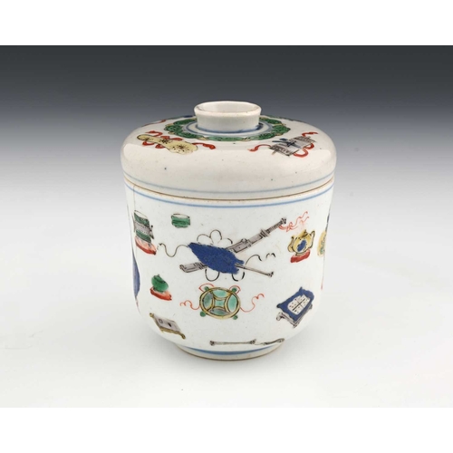 391 - A Chinese Wucai pot and cover, waisted cylindrical form, enamelled with auspicious and scholarly obj... 