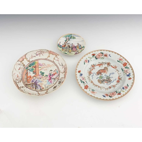 394 - Three Chinese famille rose plates, 18th century, including water carrier garden scene saucer in the ... 