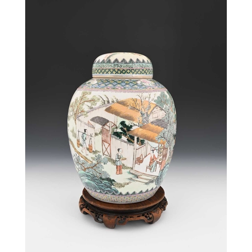 397 - A Chinese famille verte ginger jar and cover, Qianlong mark, painted in the round with figures in an... 