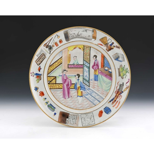 398 - A Chinese famille rose plate, probably 18th century, the central scene of scholars in a terraced pat... 