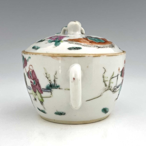 407 - A Chinese famille rose teapot and cover, of small proportions, painted with a deity riding a shishi,... 