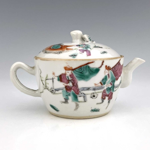 407 - A Chinese famille rose teapot and cover, of small proportions, painted with a deity riding a shishi,... 