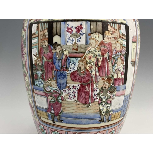 424 - A Chinese famille rose vase, shouldered form with lizard moulded shoulders and dog handles, the pane... 