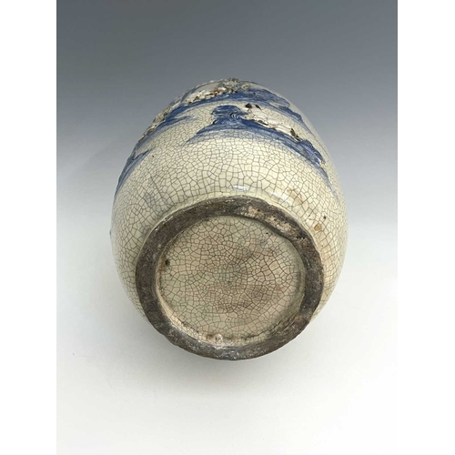 426 - A Chinese blue and white relief moulded craquelure vase, shouldered rolo form, applied with sprigged... 