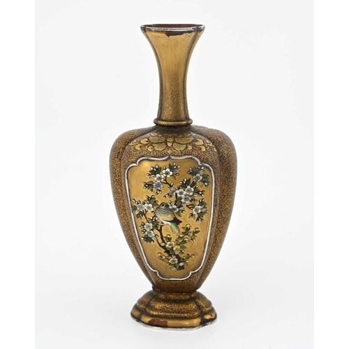 443 - A Japanese Shibayama lacquer vase, Meiji, lobed shouldered and footed form, the maki e ground with r... 