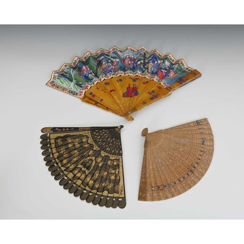 445 - Three Chinese Canton Qing dynasty fans. One, a black lacquer and gilt brise fan, early 19th century,... 