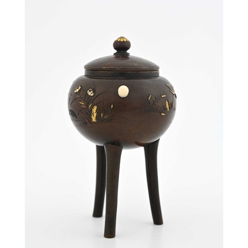 447 - A Japanese mixed metal Koro incense burner, Meiji period, 1868-1912, the spherical body on tripod le... 