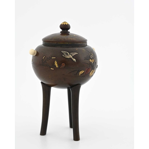 447 - A Japanese mixed metal Koro incense burner, Meiji period, 1868-1912, the spherical body on tripod le... 