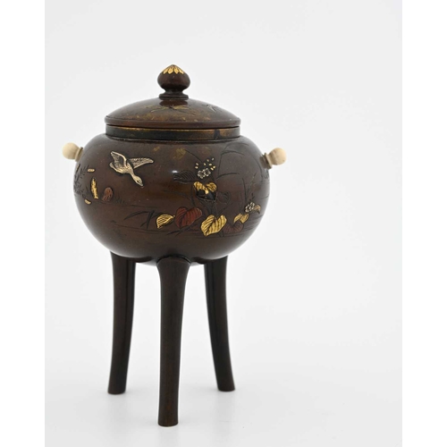 447 - A Japanese mixed metal Koro incense burner, Meiji period, 1868-1912, the spherical body on tripod le... 