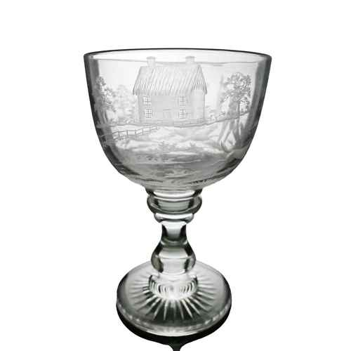 468 - A large 19th century Stourbridge etched glass pedestal bowl, decorated in the round with huntsman wi... 