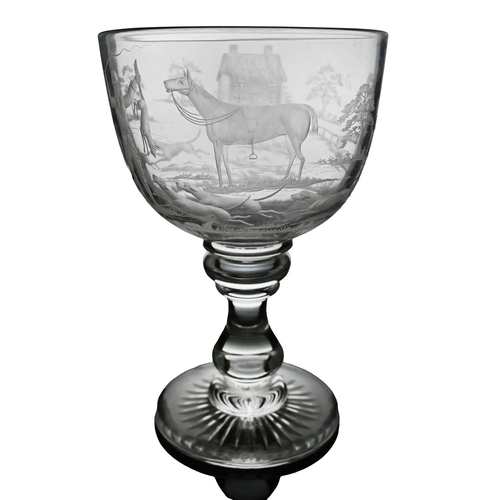 468 - A large 19th century Stourbridge etched glass pedestal bowl, decorated in the round with huntsman wi... 