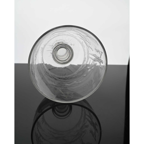 468 - A large 19th century Stourbridge etched glass pedestal bowl, decorated in the round with huntsman wi... 