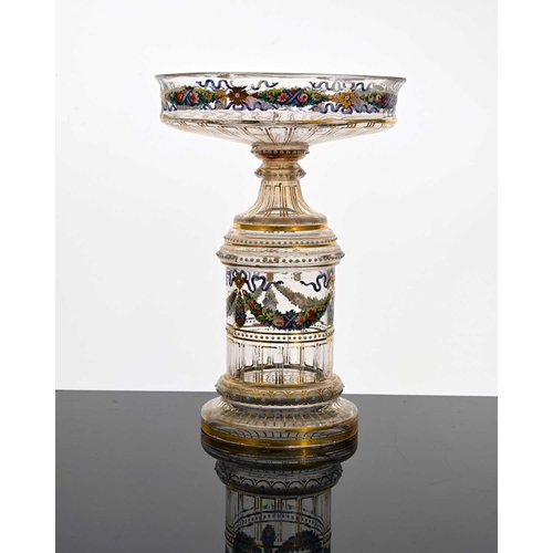 471 - A French or Bohemian enamelled glass pedestal comport, 19th century, the oval bowl decorated with ri... 