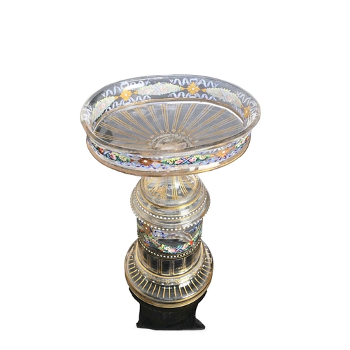 471 - A French or Bohemian enamelled glass pedestal comport, 19th century, the oval bowl decorated with ri... 