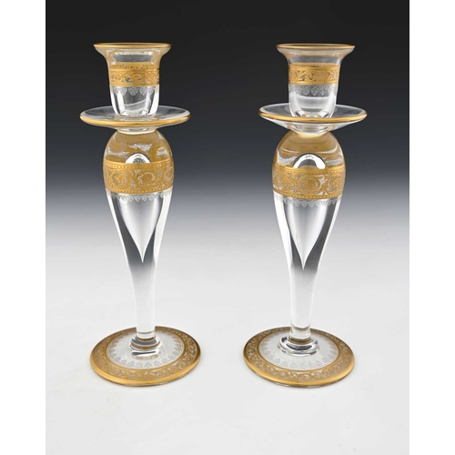 473 - Saint Louis, a pair of Thistle Gold glass candlesticks, hollow inverse baluster form with wide drip ... 