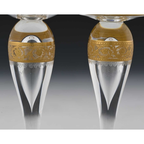 473 - Saint Louis, a pair of Thistle Gold glass candlesticks, hollow inverse baluster form with wide drip ... 