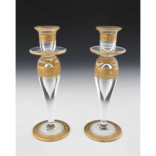 473 - Saint Louis, a pair of Thistle Gold glass candlesticks, hollow inverse baluster form with wide drip ... 