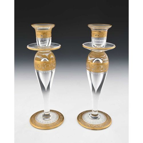 473 - Saint Louis, a pair of Thistle Gold glass candlesticks, hollow inverse baluster form with wide drip ... 