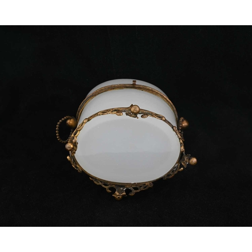 475 - A French Palais Royale opaline glass trinket box, circa 1850s, oval section alabaster glass with gil... 