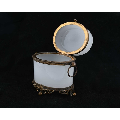 475 - A French Palais Royale opaline glass trinket box, circa 1850s, oval section alabaster glass with gil... 