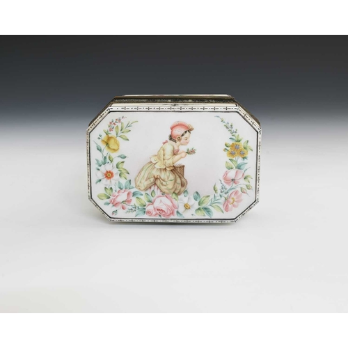 476 - A Continental floral painted opaque glass casket, of canted cuboid form, the lid with a girl picking... 