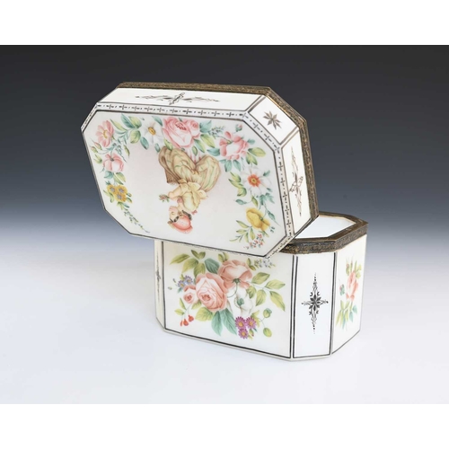 476 - A Continental floral painted opaque glass casket, of canted cuboid form, the lid with a girl picking... 