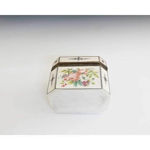 476 - A Continental floral painted opaque glass casket, of canted cuboid form, the lid with a girl picking... 