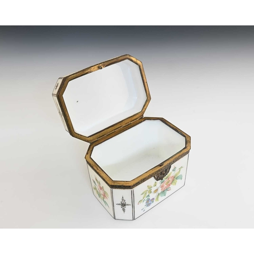 476 - A Continental floral painted opaque glass casket, of canted cuboid form, the lid with a girl picking... 