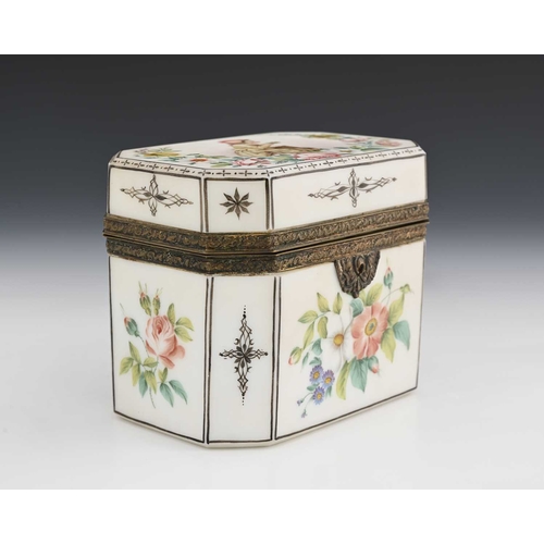 476 - A Continental floral painted opaque glass casket, of canted cuboid form, the lid with a girl picking... 