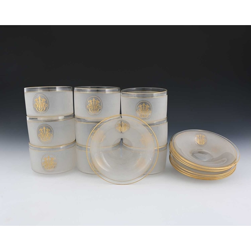 477 - A set of 9 Continental glass and gilt monogrammed bowls and stands, frosted and cut with lens beaded... 